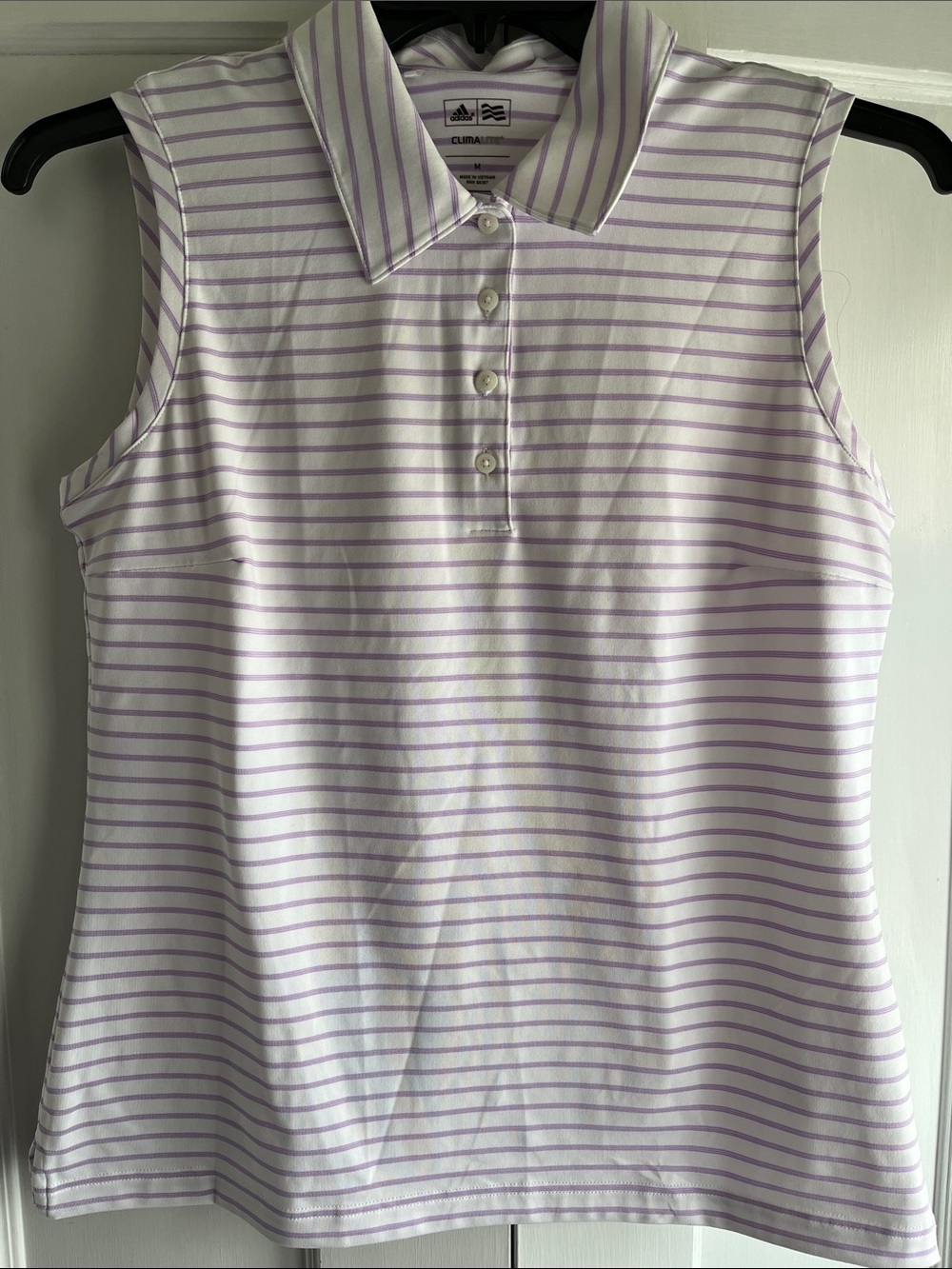 Adidas ClimaLite Sleeveless White/Purple Stripe Golf Polo Top M